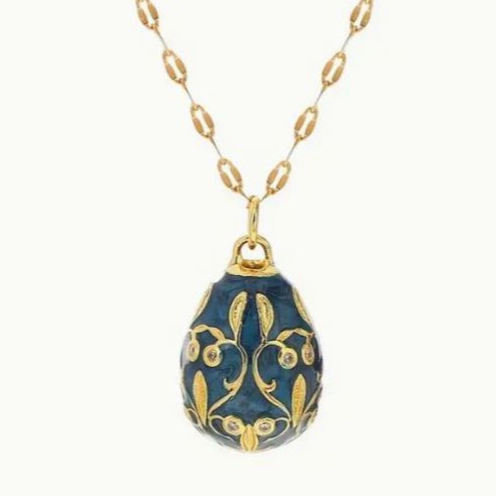 Navy Blue Enamel Egg Shaped Gold Carved Leaves Easter STUNNING!